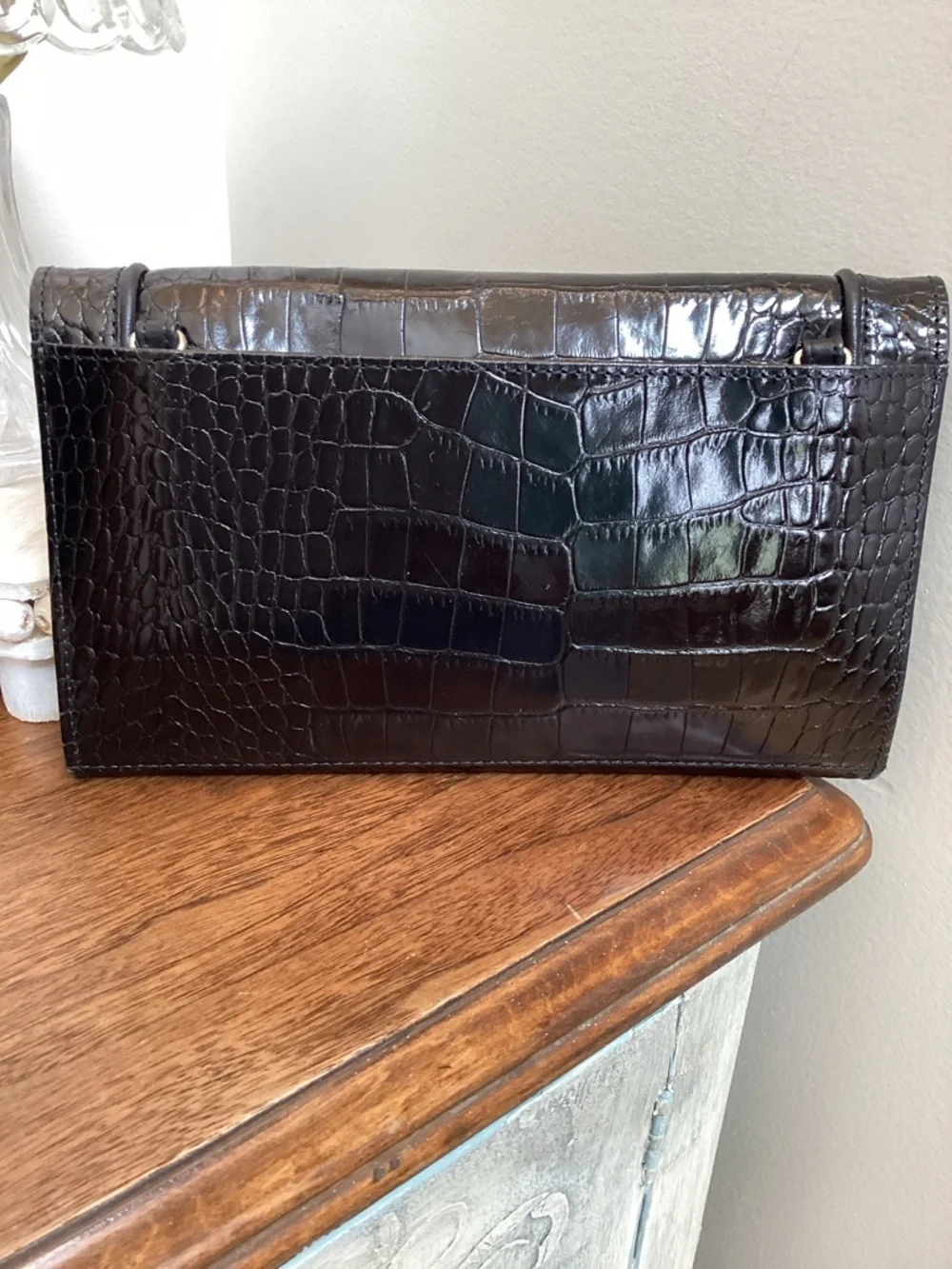 BRIGHTON Retired Travel The World Black Croc Embossed Leather Crossbody Bag